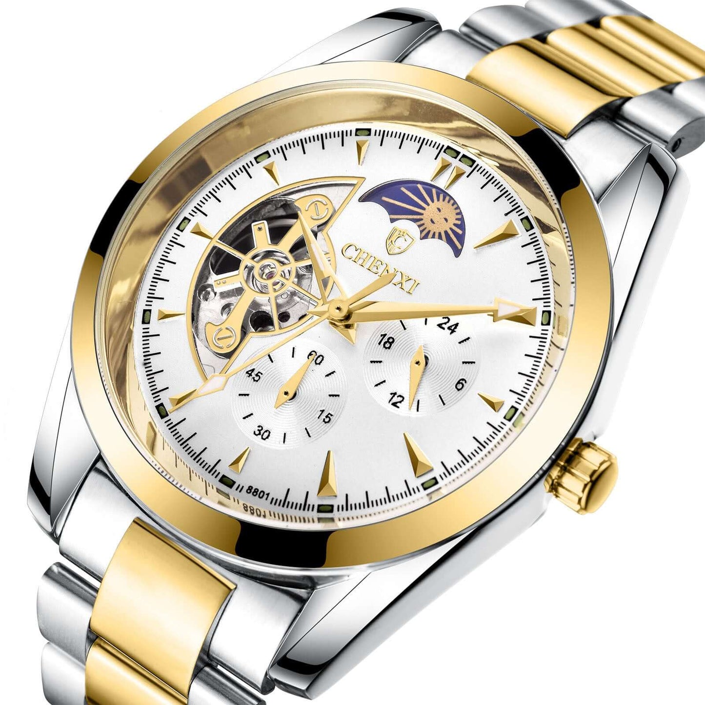 Men's Business mechanical watch featuring a sophisticated silver and gold design with a detailed dial.