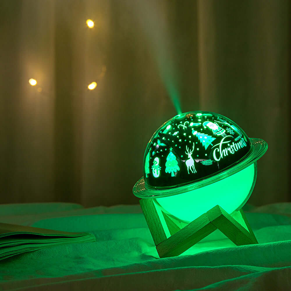 Starry Sky Projector Lamp & Humidifier with green light and festive designs, creating a cozy atmosphere.