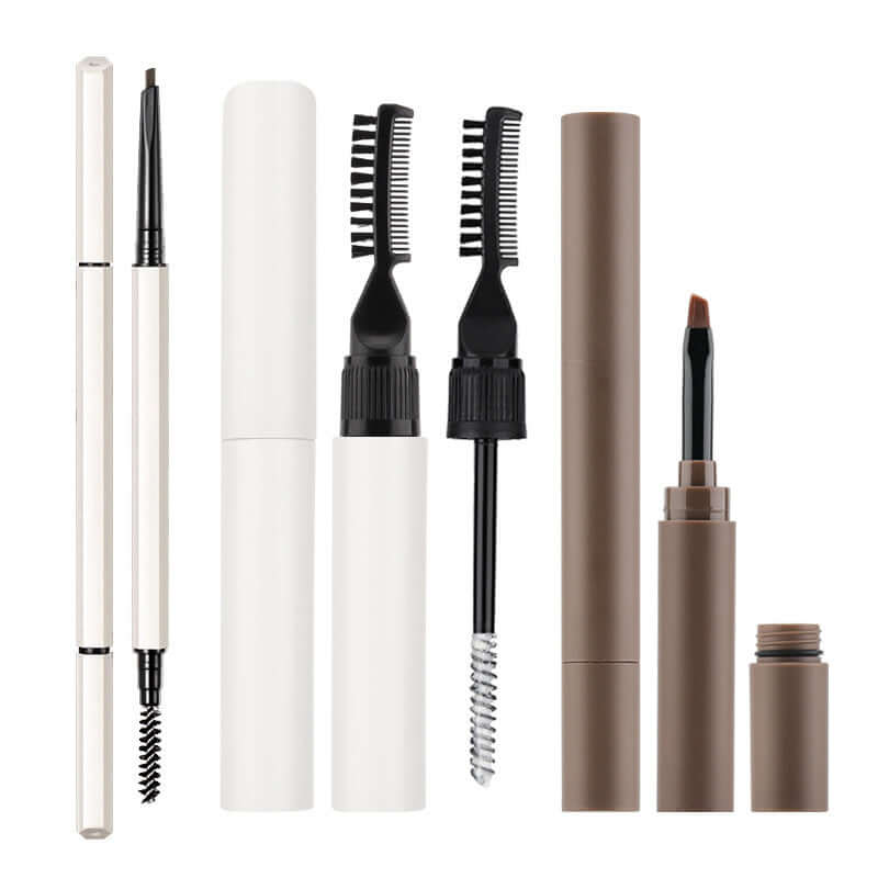 Eye brow creams and pencils for making eyes more attractive, featuring various applicators and shades.