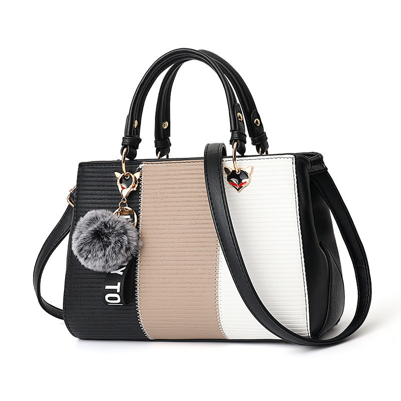 Women’s Patchwork Handbag with Hairball Ornament