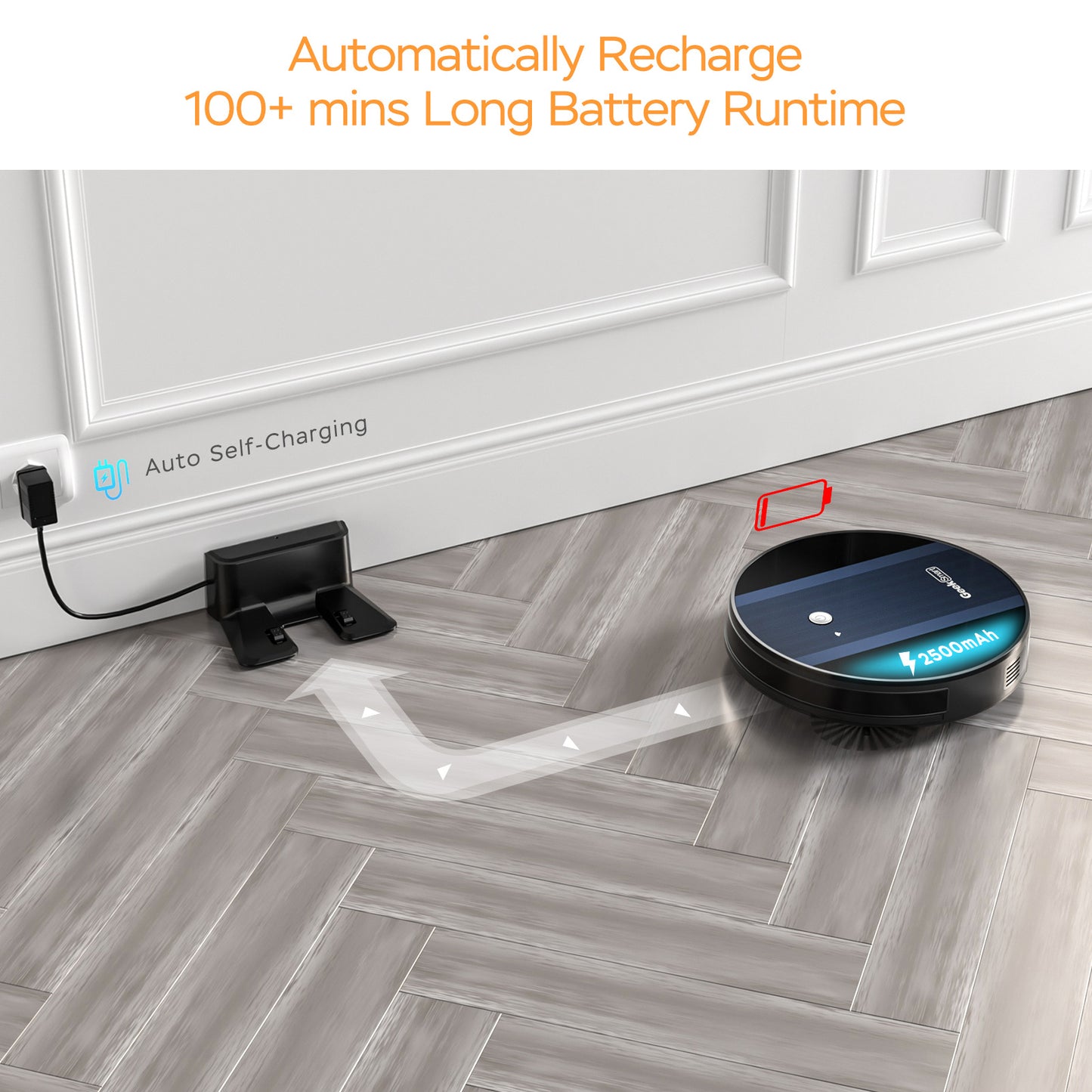 Geek Smart Robot Vacuum Cleaner G6 Plus with auto self-charging dock and long battery runtime on hard floor.