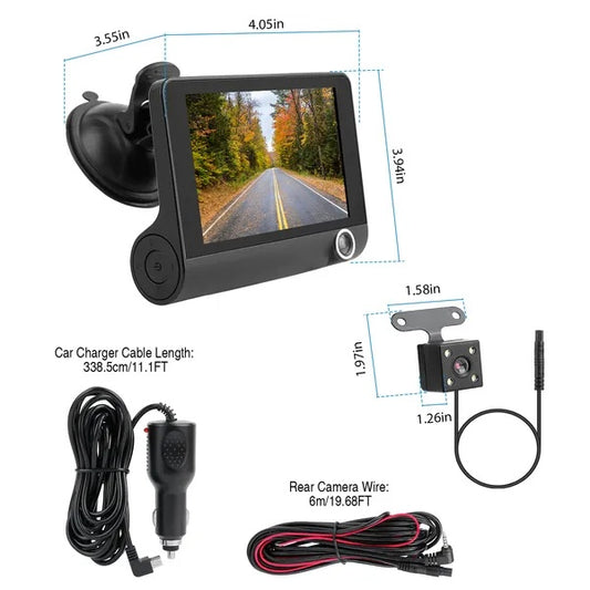 1296P car DVR dash camera with 4-inch display, includes rear camera wire and car charger cable for seamless recording.