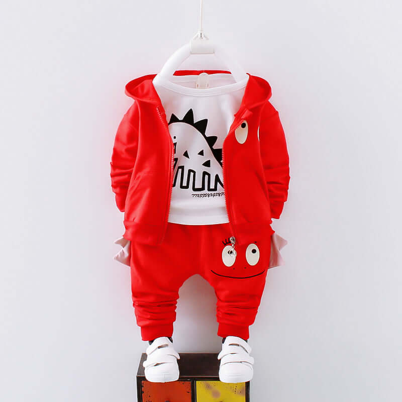 Boys Cotton Casual Clothing Set in red with dinosaur print, suitable for spring, featuring long sleeves and non-detachable cap.