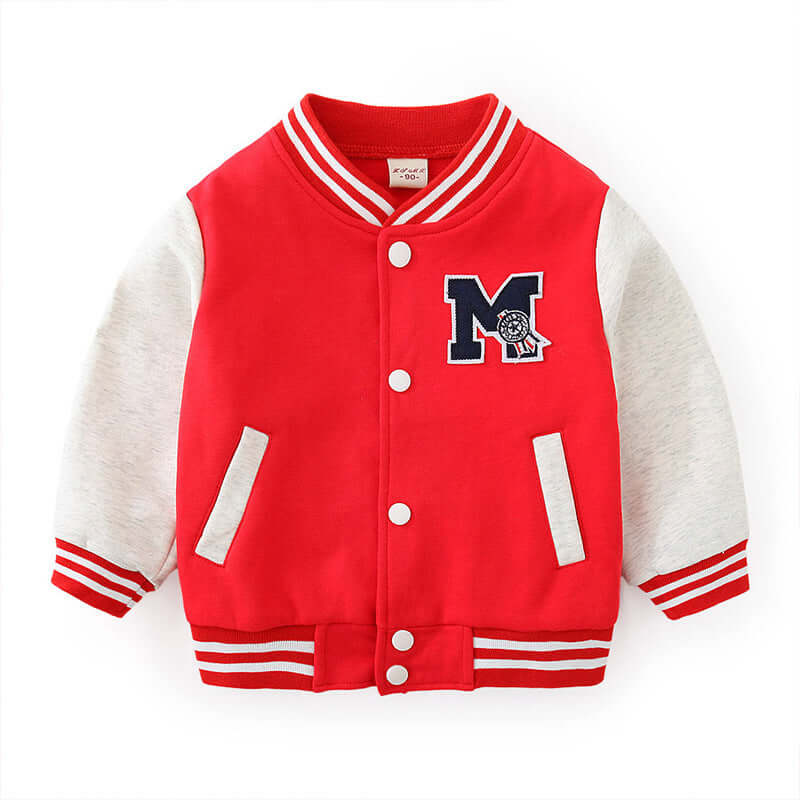 Children’s Cardigan Baseball Sweater Set in red with embroidery and gray sleeves, perfect for kids' fashion.