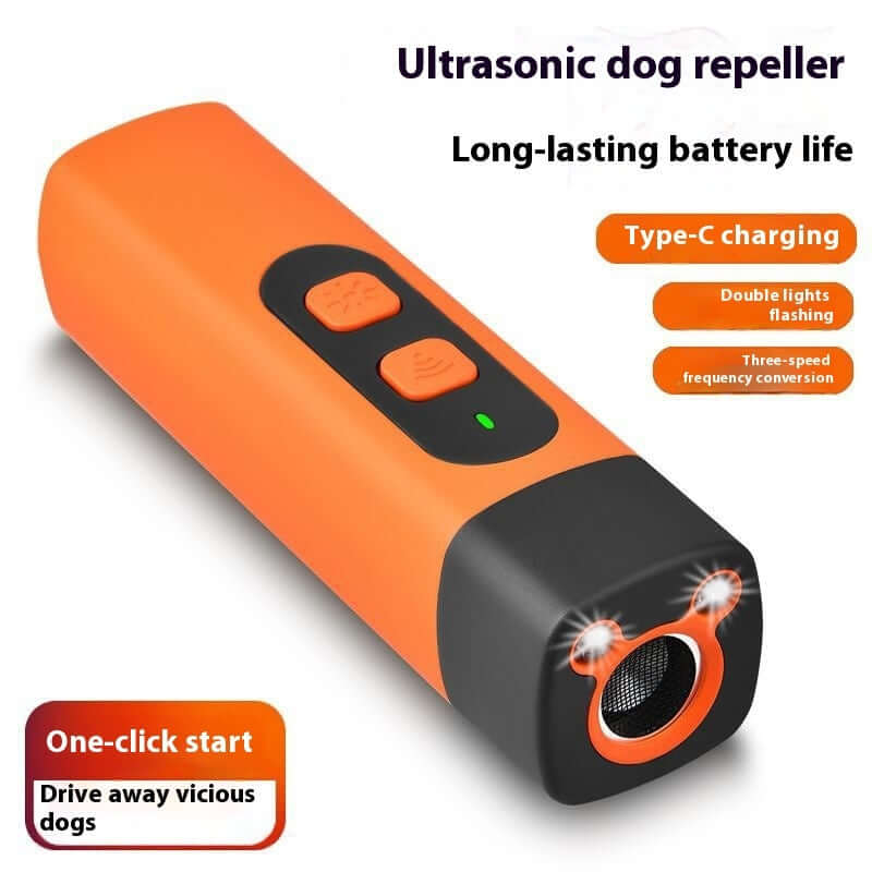 Ultrasonic dog repeller and training device for pets with long-lasting battery life and one-click start.