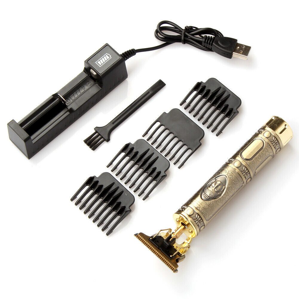 USB Electric Hair Clippers with combs, charger, and cleaning brush for professional haircutting and beard trimming.