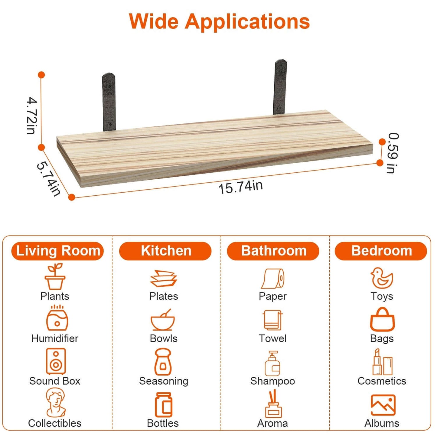 6-piece wall shelves with metal brackets showing wide applications for living room, kitchen, bathroom, and bedroom