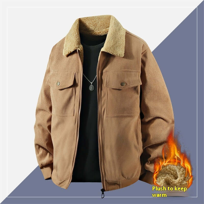 Men’s Cotton Corduroy Polo Jacket in caramel color with plush lining for warmth.