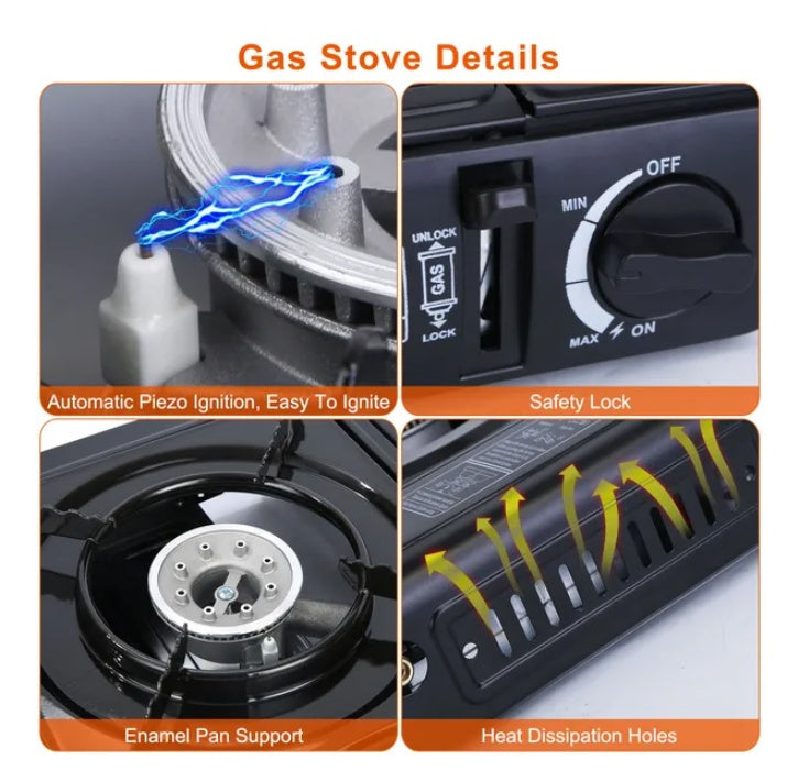 Gas stove details highlighting automatic piezo ignition, safety lock, enamel pan support, and heat dissipation holes.