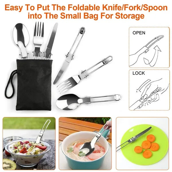 Foldable knife, fork, and spoon set in storage bag for easy camping cookware with stove.