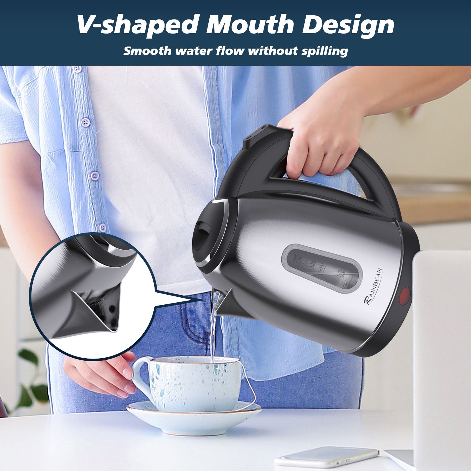 V-shaped mouth design of electric kettle for smooth water flow with auto shut-off feature.