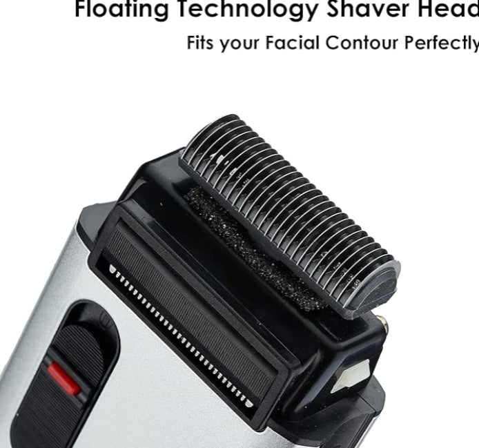 Close-up of Retro Electric Shaver's floating technology shaver head, contours to facial shapes for a perfect shave.