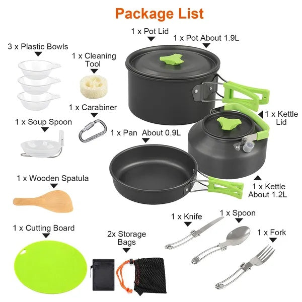 16Pcs Camping Stove Cookware Kit package list including pots, bowls, utensils, and cleaning tools for outdoor cooking.