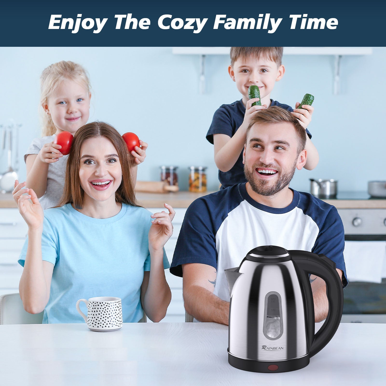 Family enjoying time together with Electric Kettle, featuring auto shut-off and stainless steel design.