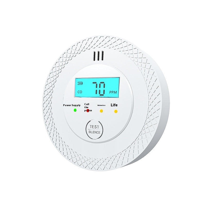 Carbon Monoxide Alarm indoor CO gas detector with digital display showing 70 PPM and test/silence buttons.