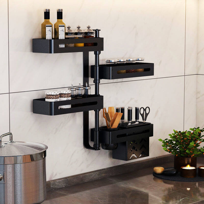 Punch-free kitchen wall storage rack in elegant black, featuring multiple layers for organizing kitchen supplies.