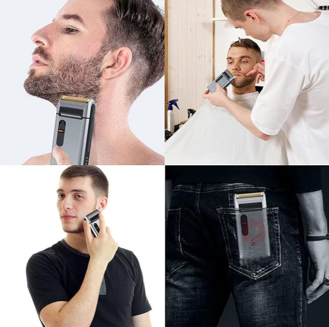 Retro Electric Shaver being used for grooming and stored in a pocket, showcasing its compact design and versatility.