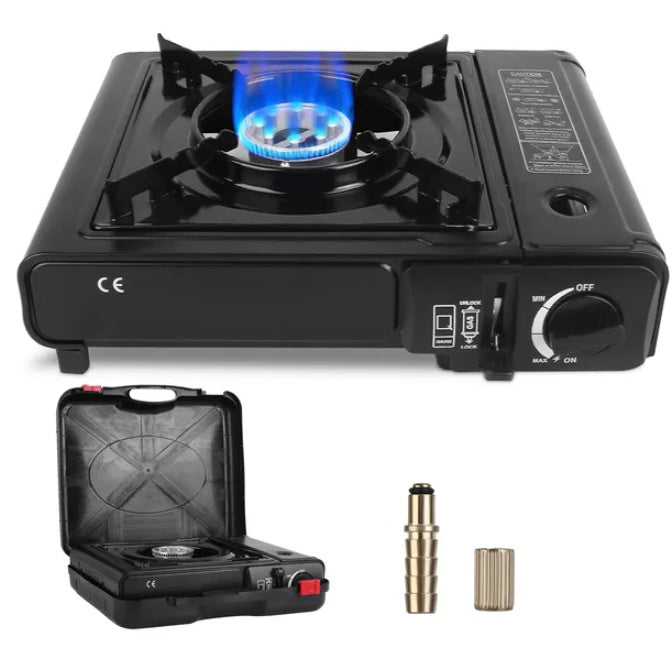 3300 Watt Portable Camping Stove with blue flame and carrying case, perfect for outdoor cooking.