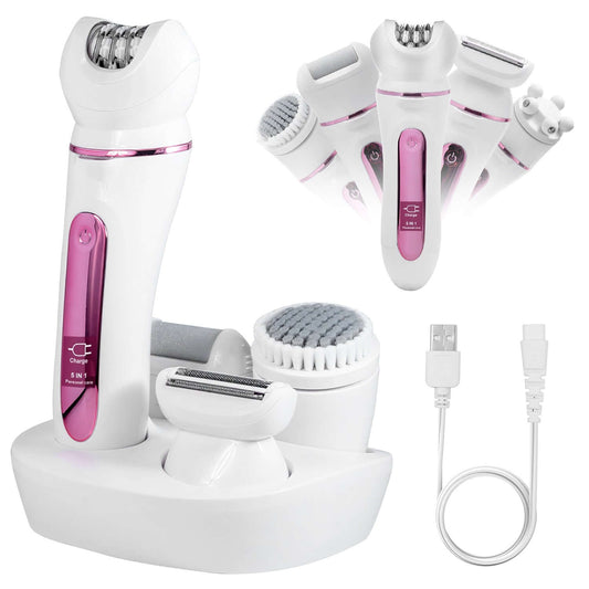 5-in-1 Electric Women’s Grooming Kit with LED Display, featuring multiple attachments for complete grooming solutions.