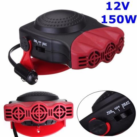 Portable windshield defroster with dual heating and cooling functions, powered by 12V and 150W.
