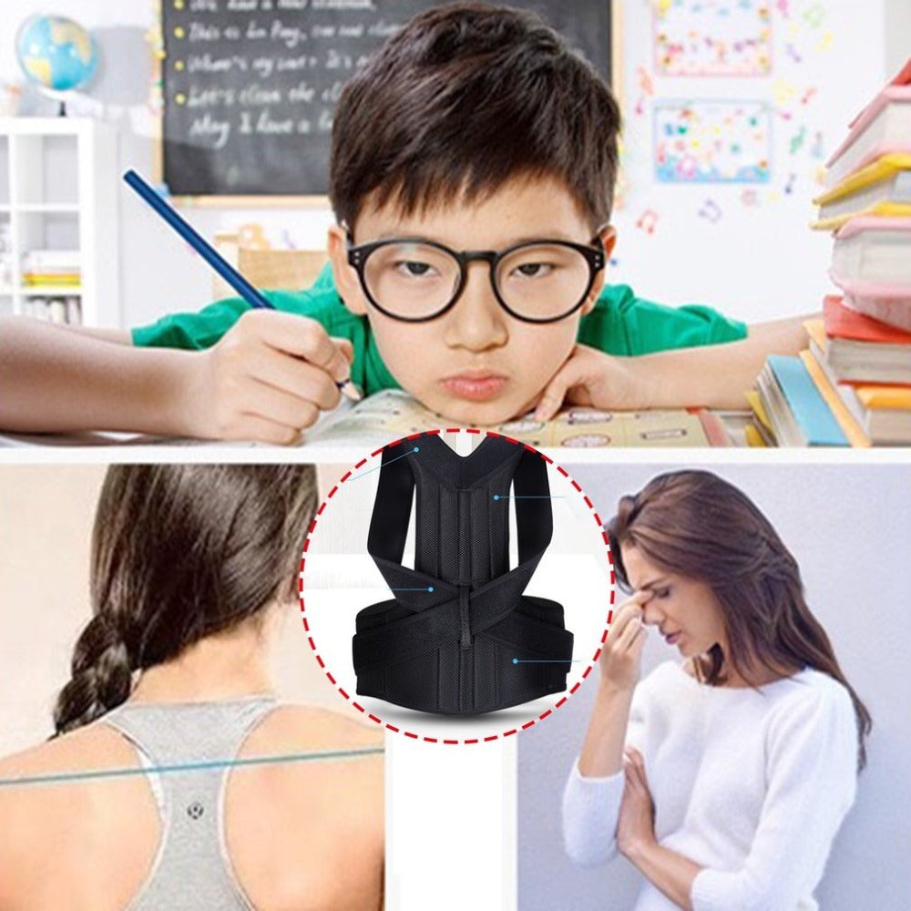 Child studying with poor posture, woman wearing spine bending posture corrector to alleviate back pain. Focus keyword: po.