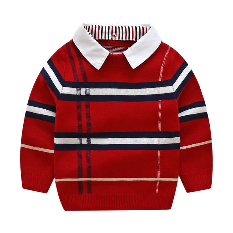 Boys plaid jacquard sweater in red with white collar and long sleeves, perfect for autumn and winter, made of soft cotton.