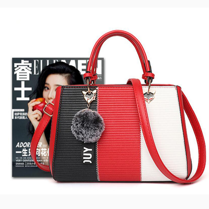 Women’s Patchwork Handbag with Hairball Ornament