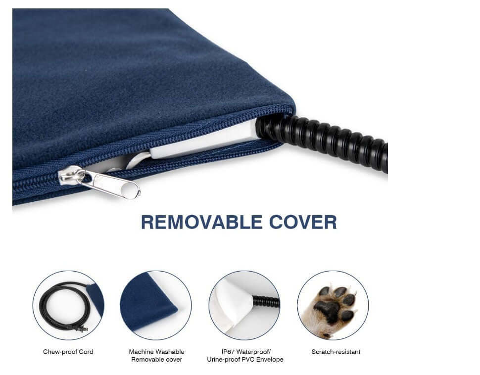 Pet electric blanket features chew-proof cord, machine washable removable cover, IP67 waterproof PVC envelope, and scratch-resistant design.