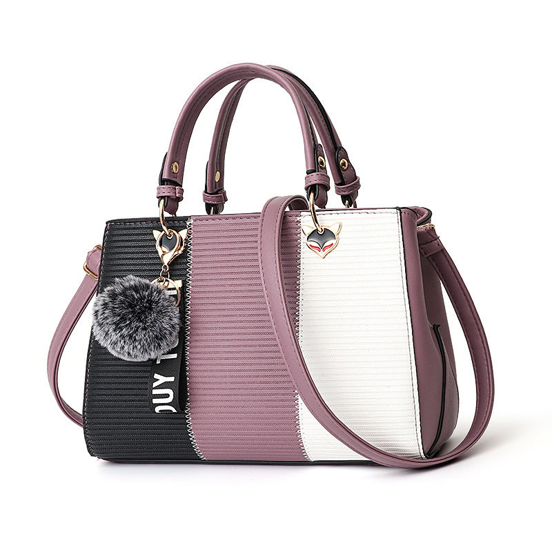 Women’s Patchwork Handbag with Hairball Ornament
