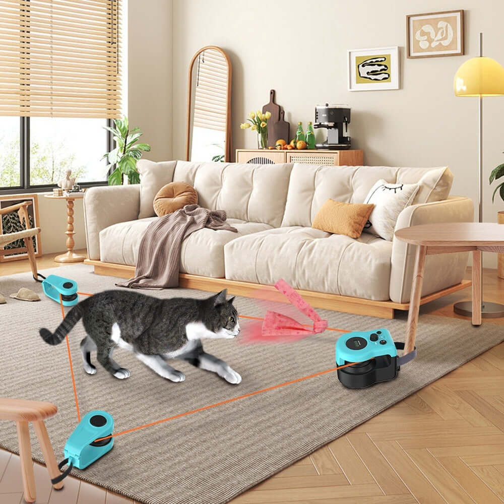Cat playing with Cat Weight Loss Remote Control Sound Toy in a cozy living room setting.