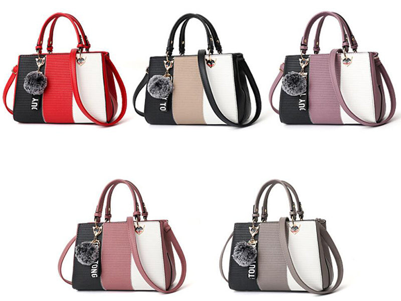 Women’s Patchwork Handbag with Hairball Ornament