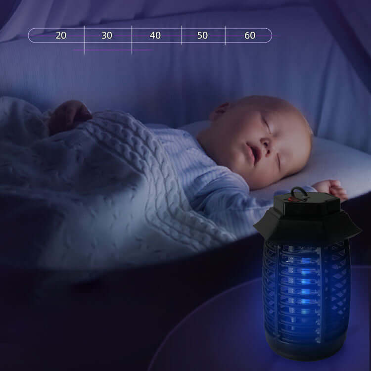 Aromatherapy mosquito lamp illuminating a sleeping baby in a cozy bedroom setting.