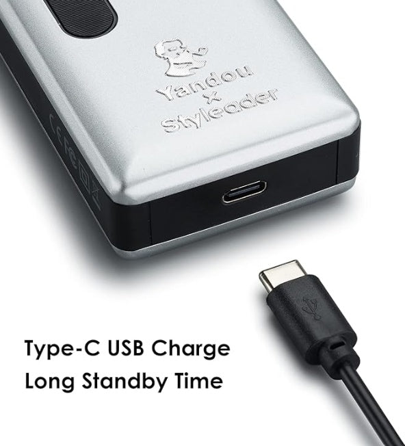 Close-up of Retro Electric Shaver showing Type-C USB charge feature for long standby time.