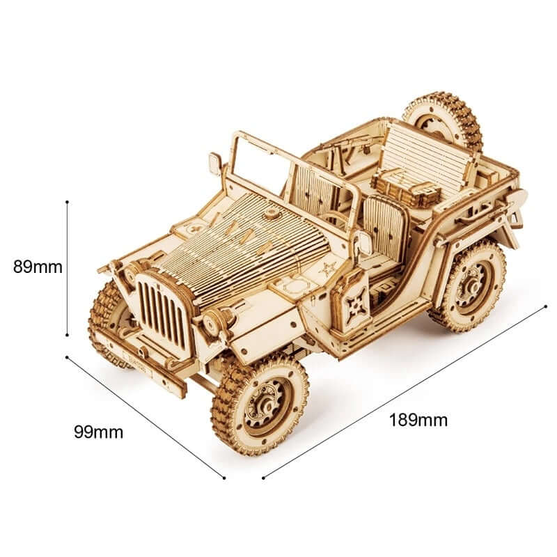 3D Wooden puzzle model of a detailed 1:18 scale Army Jeep, perfect for DIY craft enthusiasts.