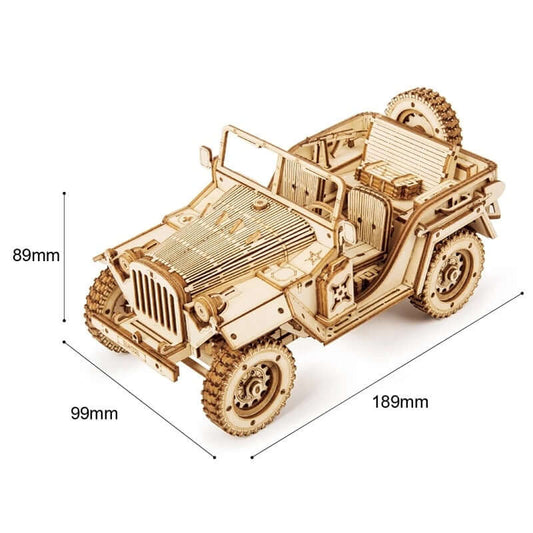 3D Wooden puzzle model of a detailed 1:18 scale Army Jeep, perfect for DIY craft enthusiasts.