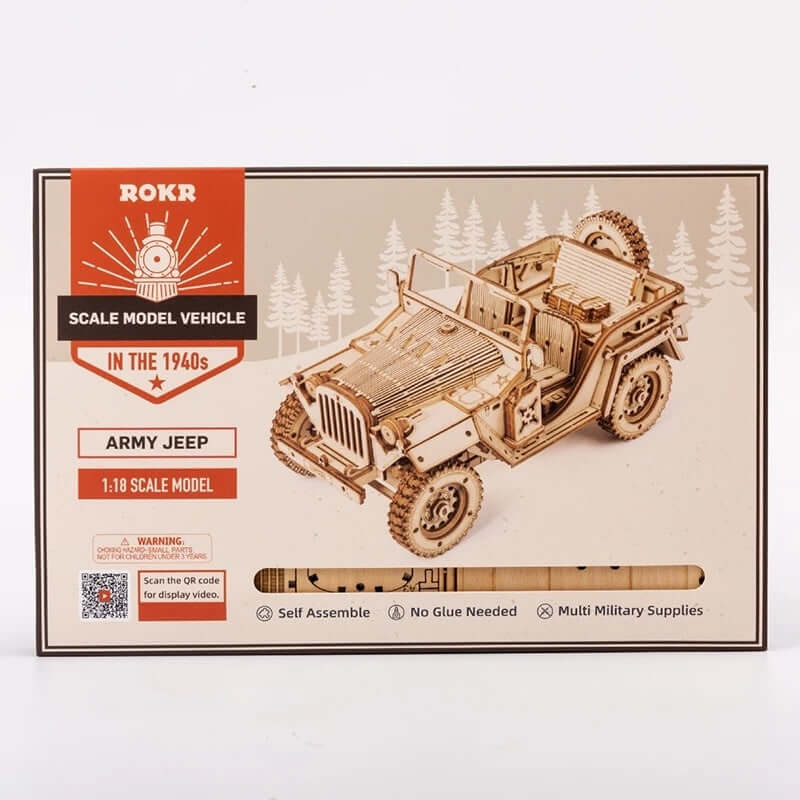 3D Wooden puzzle model toys featuring a 1:18 scale Army Jeep from the 1940s, detailed self-assembly kit.