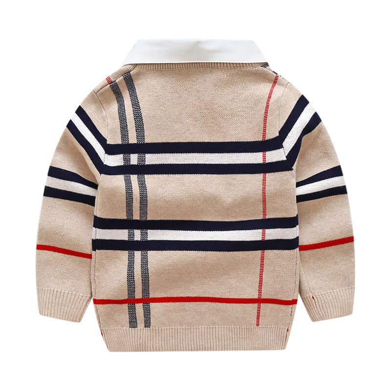 Boys plaid jacquard sweater in beige with long sleeves and collar, ideal for autumn and winter wear.