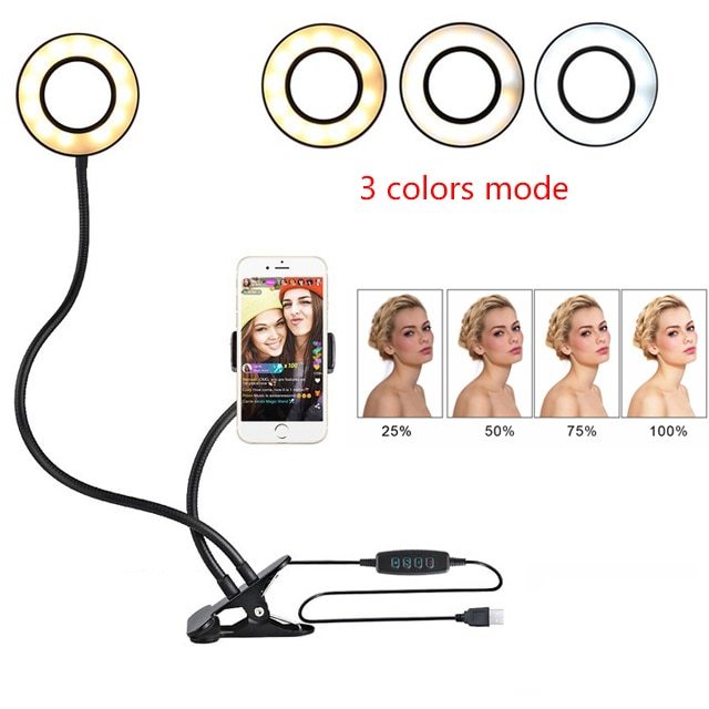 LED selfie ring light with adjustable colors for makeup, holds phone, features 10 brightness levels, suitable for live streaming.