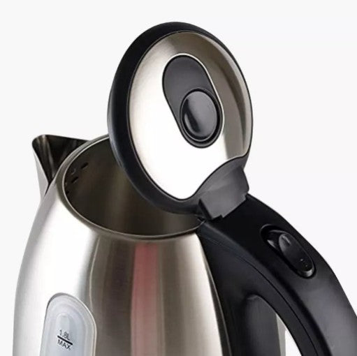 Stainless Steel Electric Kettle with lid open, showcasing its sleek design and durable materials.