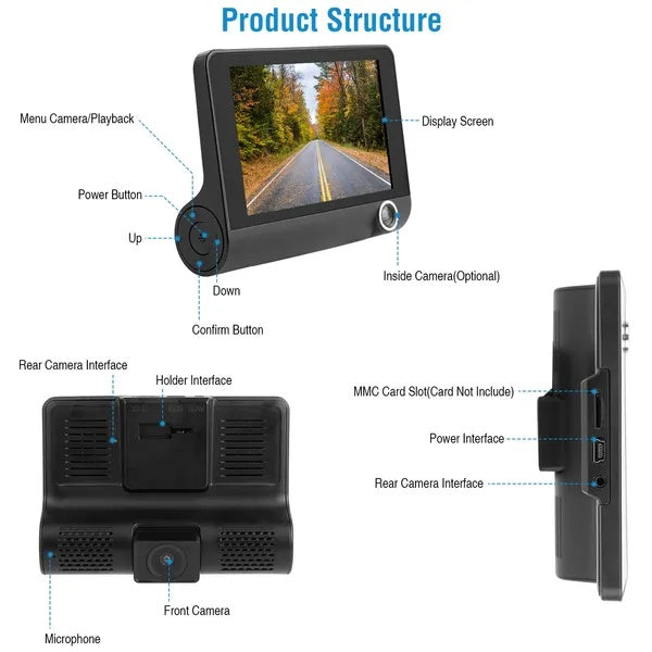Product structure of 1296P Car DVR Dash Camera showcasing features like display screen and camera interfaces.