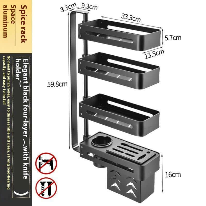 Punch-free kitchen wall storage rack in elegant black, featuring four layers and a knife holder. Ideal spice rack.