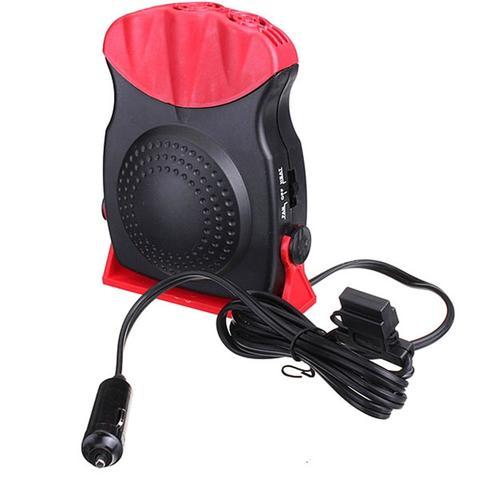 Portable windshield defroster with a black and red design, car adapter, and anti-skid base for easy use.
