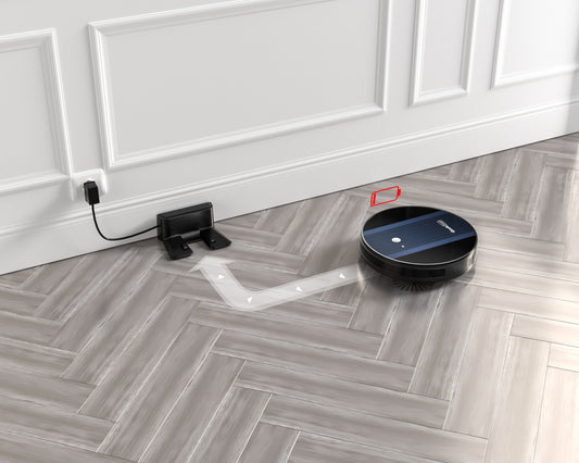 Geek Smart Robot Vacuum Cleaner G6 Plus returning to charging dock on hard floor, showcasing automatic self-charging features.