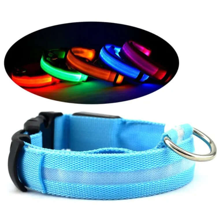 LED Pet Safety Halo Collar in blue, featuring vibrant colors and reflective material for pet visibility.