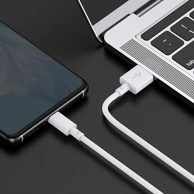 Super Fast Charging USB single head mobile phone data cable connected to a laptop, highlighting fast charging capabilities.