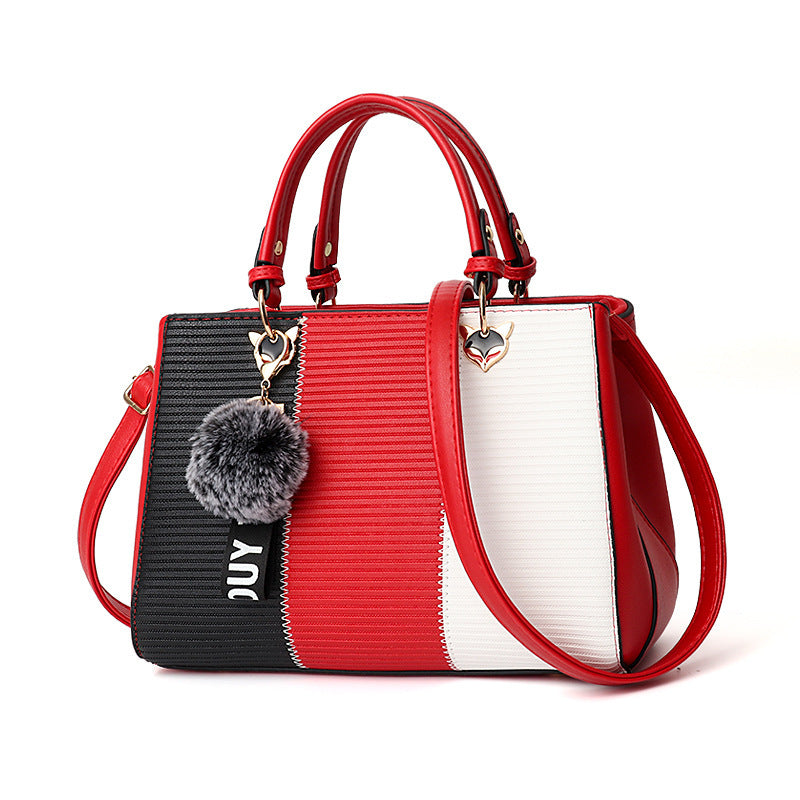 Women’s Patchwork Handbag with Hairball Ornament