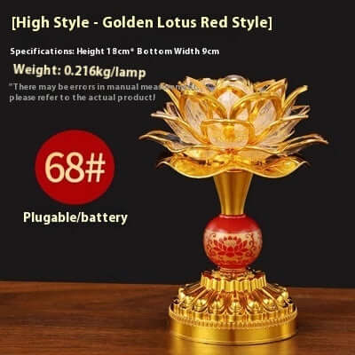 Lotus lamp in golden color with decorative red base, perfect for adding a vibrant glow to any home.