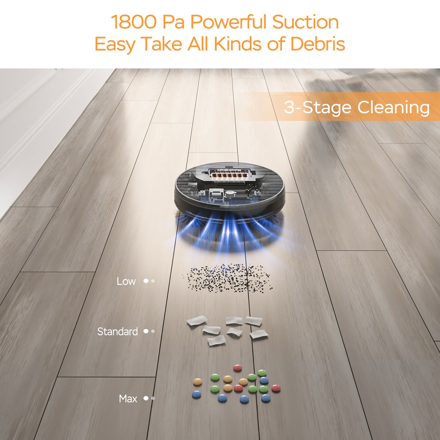 Geek Smart Robot Vacuum demonstrating 1800Pa strong suction on various debris during 3-stage cleaning mode.