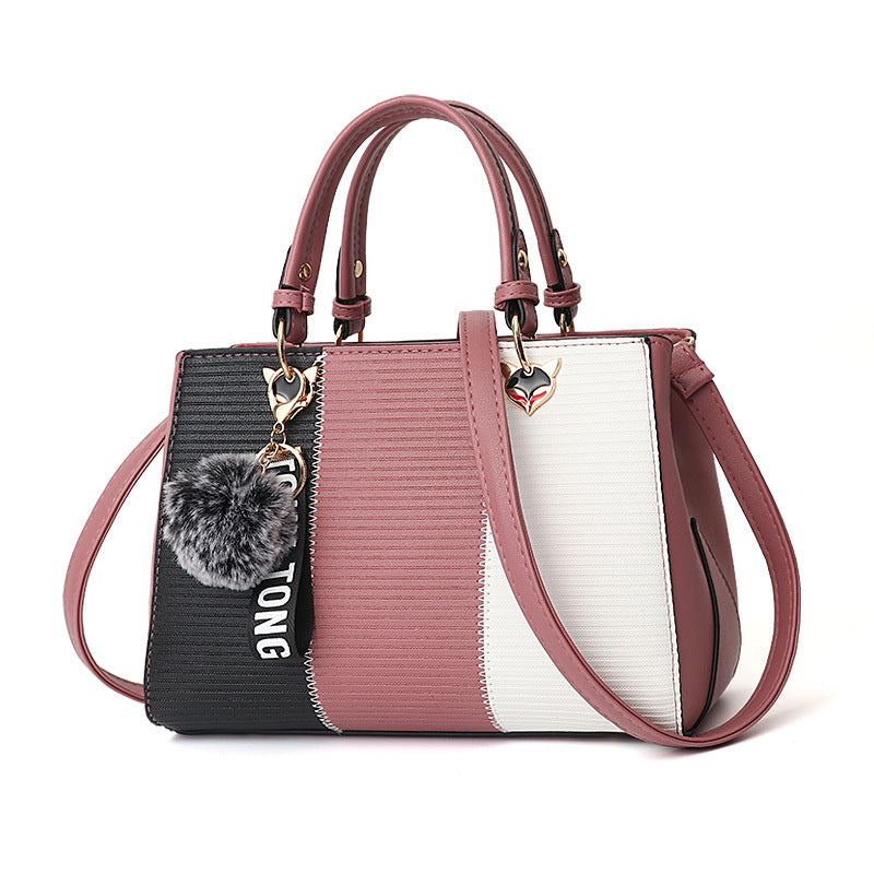 Women’s Patchwork Handbag with Hairball Ornament