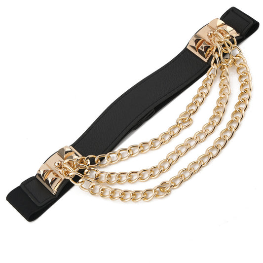 Women’s Elastic Dress Belt with Gold Chain Rivet – Punk Style